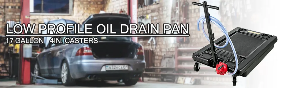 VEVOR portable oil drain pan with 17-gallon capacity and 4-inch casters in a garage.