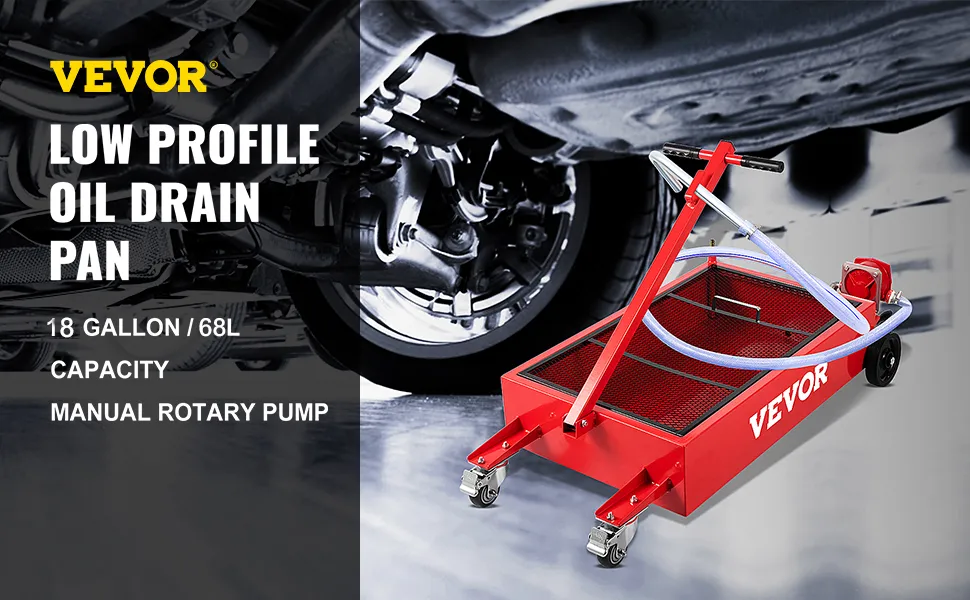 Bandeja de drenaje de aceite VEVOR con bomba rotativa manual, capacidad de 18 galones, debajo del vehículo.