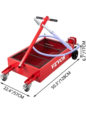 Bandeja de drenaje de aceite VEVOR con marco rojo, asa y ruedas, dimensiones 50,3 x 22,4 x 6,7 pulgadas