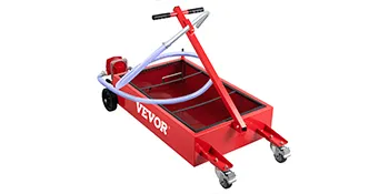 Bandeja de drenaje de aceite VEVOR roja con ruedas, asa y manguera para fácil movilidad y uso.