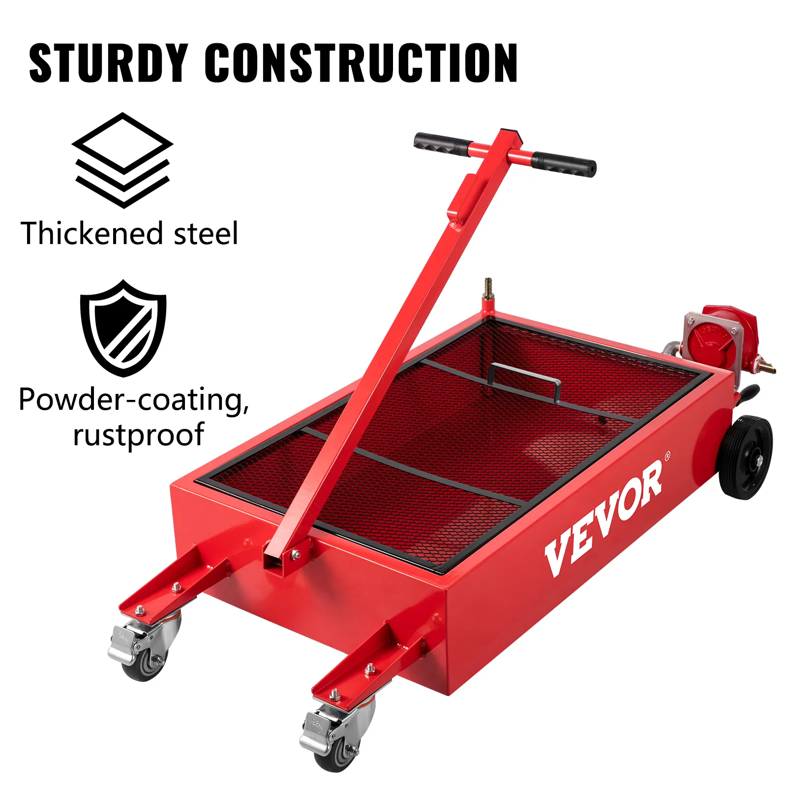 Bandeja de drenaje de aceite VEVOR en color rojo con construcción de acero resistente y a prueba de óxido con recubrimiento en polvo.