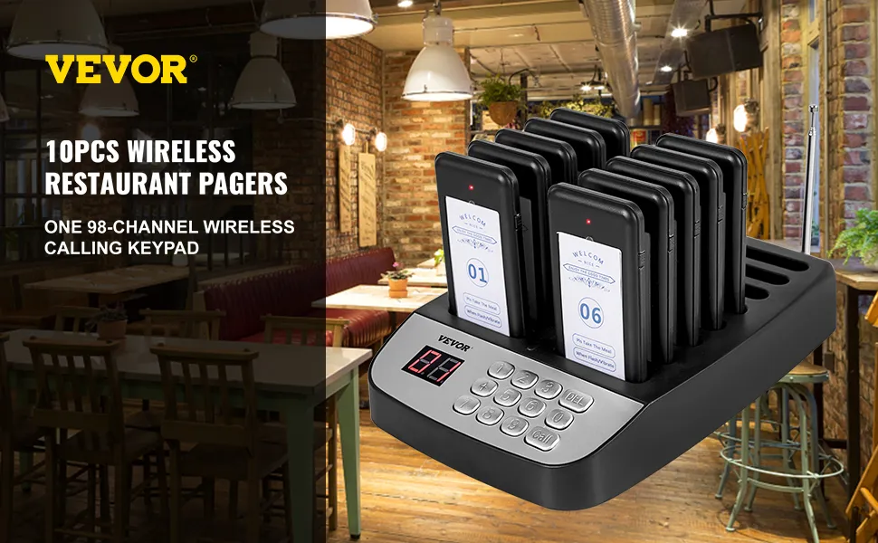 Sistema de buscapersonas para restaurantes VEVOR con 10 buscapersonas inalámbricos en un acogedor entorno de restaurante