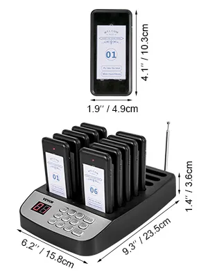 Sistema de buscapersonas para restaurantes VEVOR que muestra las dimensiones y la base de carga con varios buscapersonas.