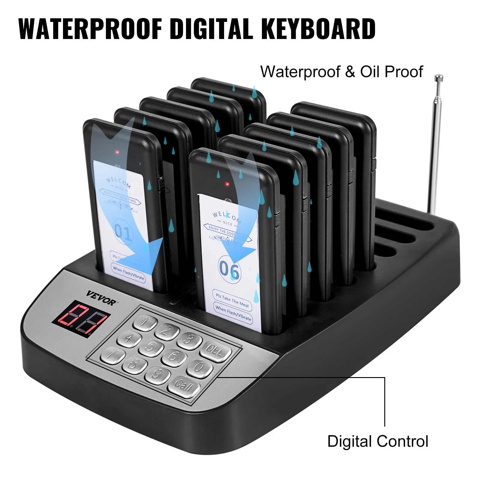 Sistema de buscapersonas para restaurantes VEVOR con teclado digital resistente al agua y estación de carga.