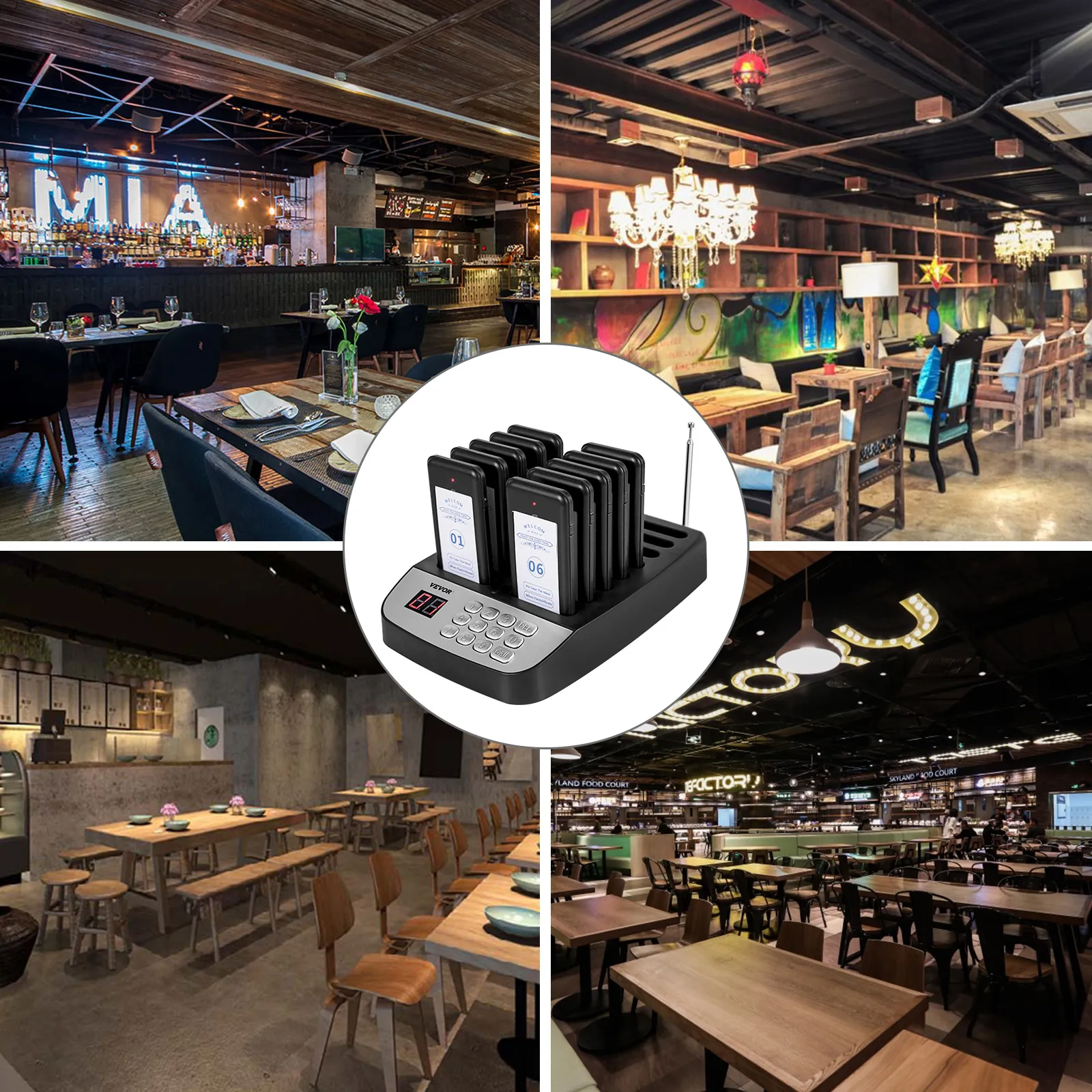 Sistema de buscapersonas para restaurantes VEVOR en varios entornos de comedor con mesas y decoración