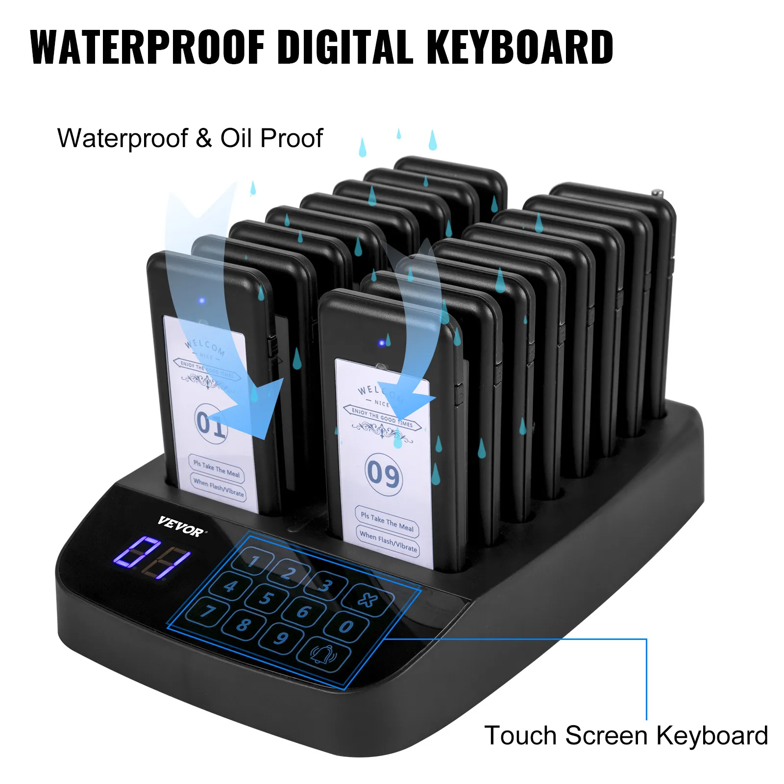 Sistema de buscapersonas para restaurantes VEVOR con teclado digital resistente al agua y pantalla táctil.