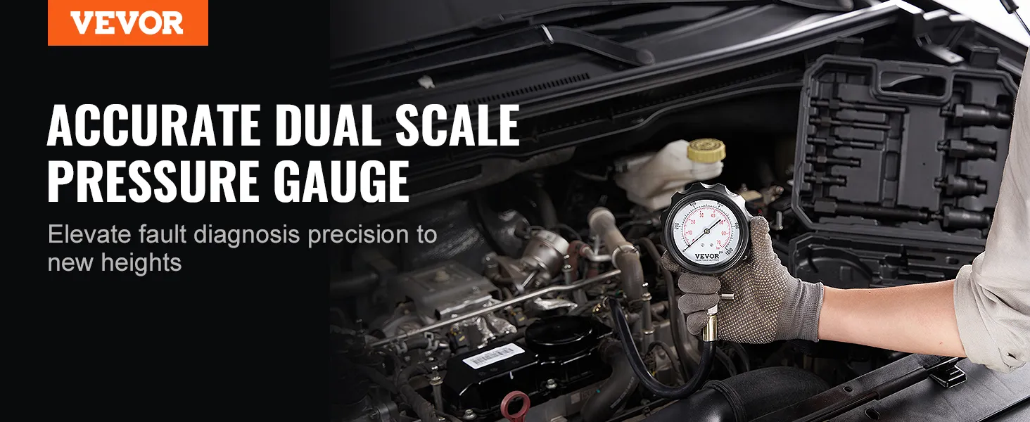 VEVOR diesel engine compression tester in use with accurate dual scale pressure gauge next to engine.