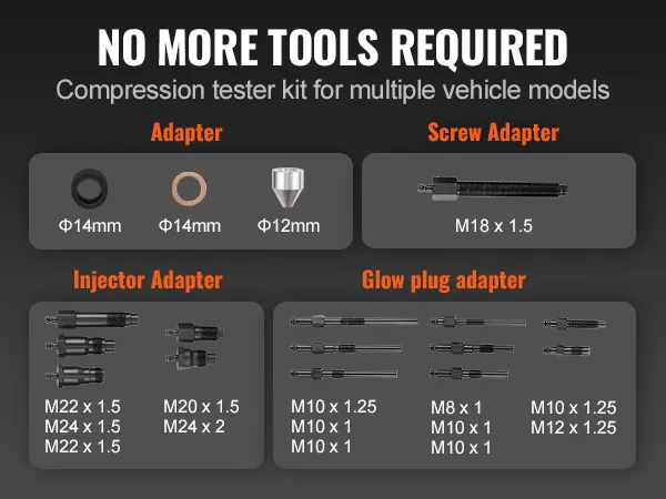 no more tools required: VEVOR diesel engine compression tester kit with various adapters and fittings.