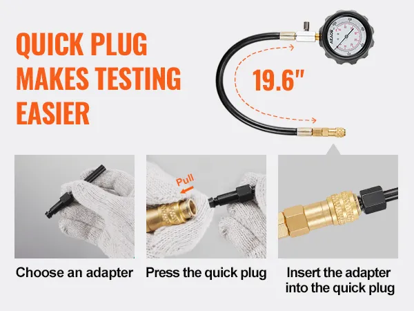 quick plug for VEVOR diesel engine compression tester shown with 19.6-inch hose, adapter, and gauge.