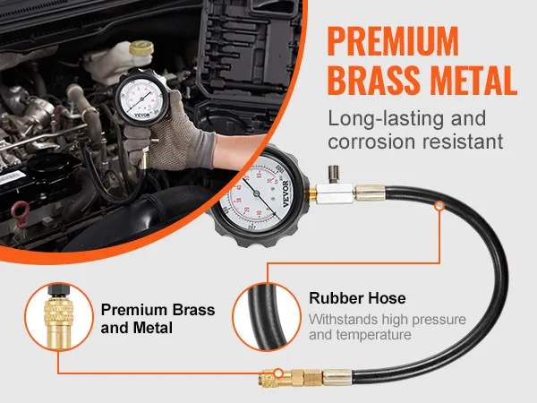 VEVOR diesel engine compression tester with premium brass and metal, high-pressure rubber hose.