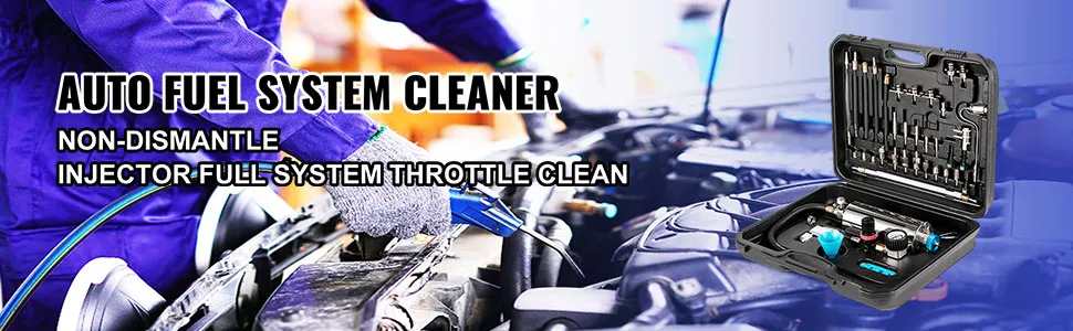 VEVOR injector cleaner tool kit in use for auto fuel system maintenance.