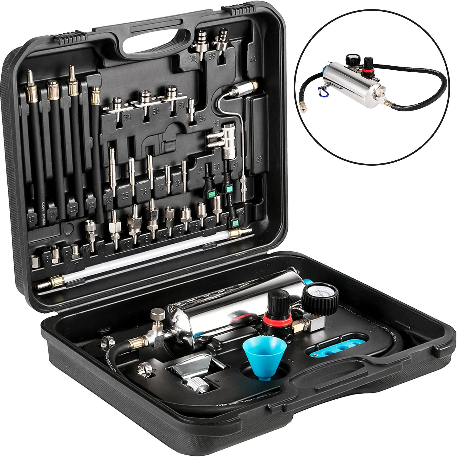 VEVOR injector cleaner kit with various nozzles and tools neatly arranged in a black case.