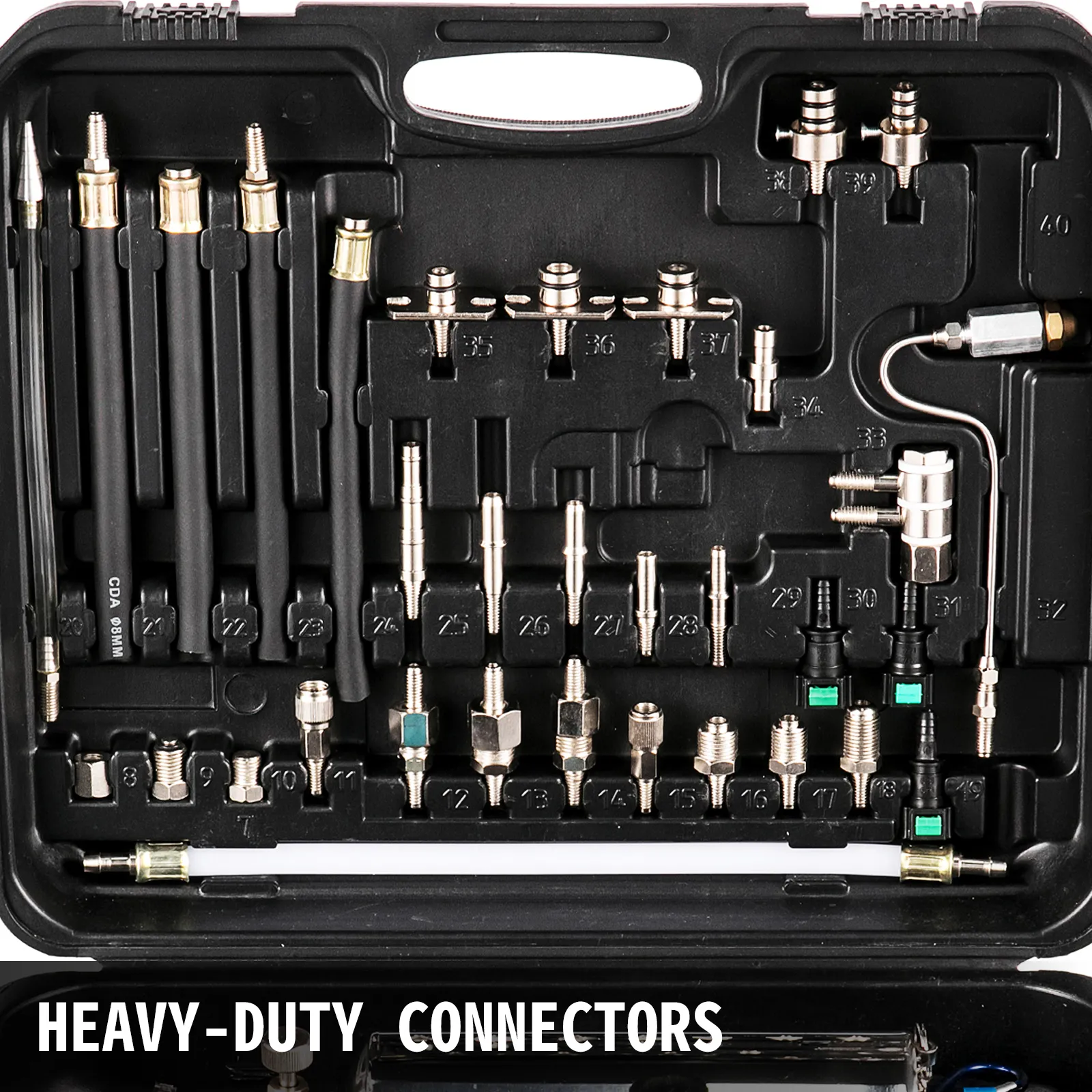 VEVOR injector cleaner kit with heavy-duty connectors in a black carrying case.