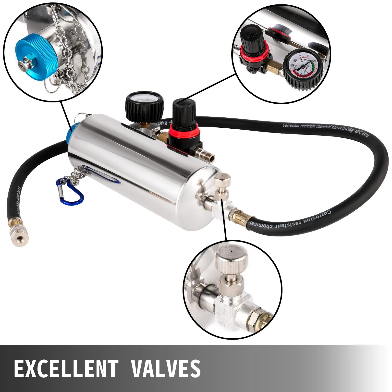 VEVOR injector cleaner with multiple valves and corrosion-resistant connectors.