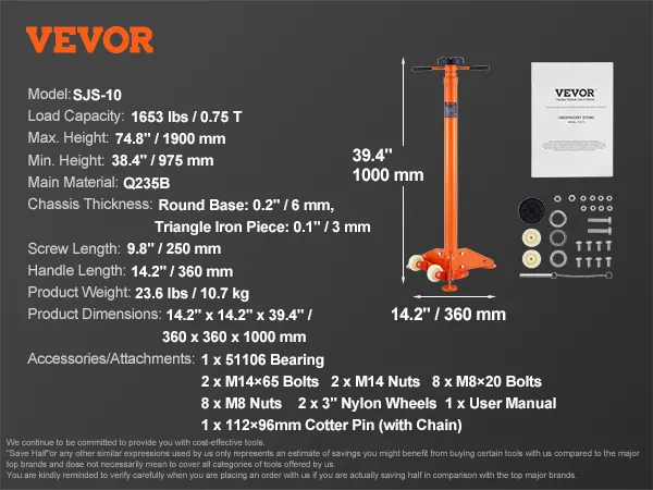 VEVOR underhoist stand details: model sjs-10, load capacity 1653 lbs, main material q235b, accessories included.