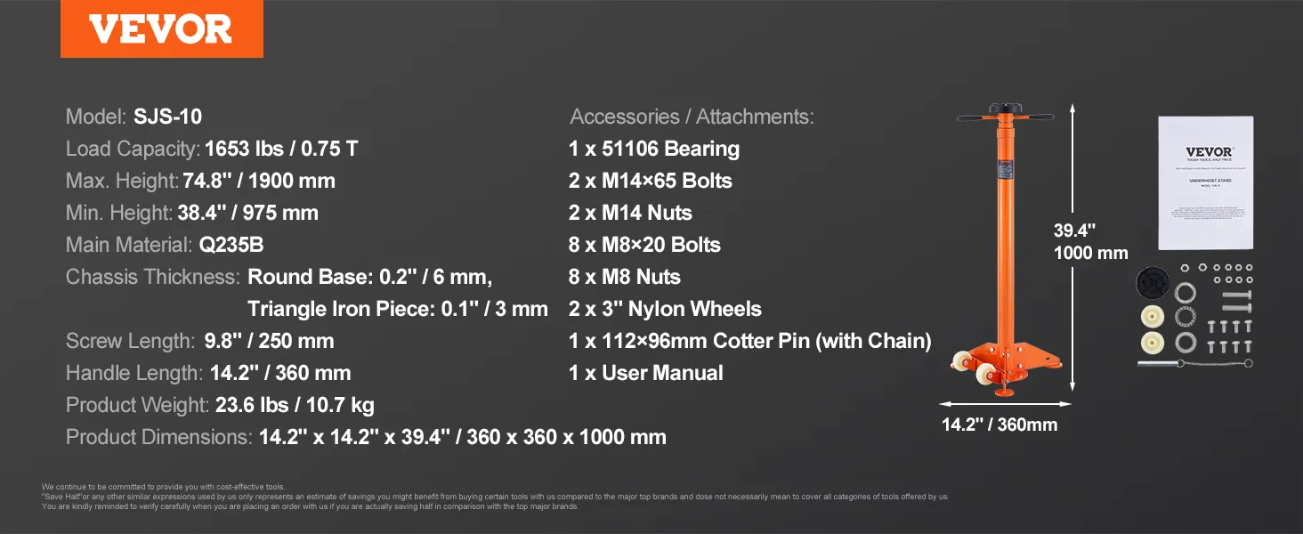 VEVOR underhoist stand details: model sjs-10, load capacity 1653 lbs, main material q235b, accessories included.