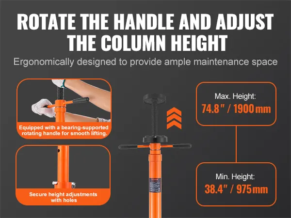 VEVOR underhoist stand with adjustable handle, height range 38.4"/975mm to 74.8"/1900mm.