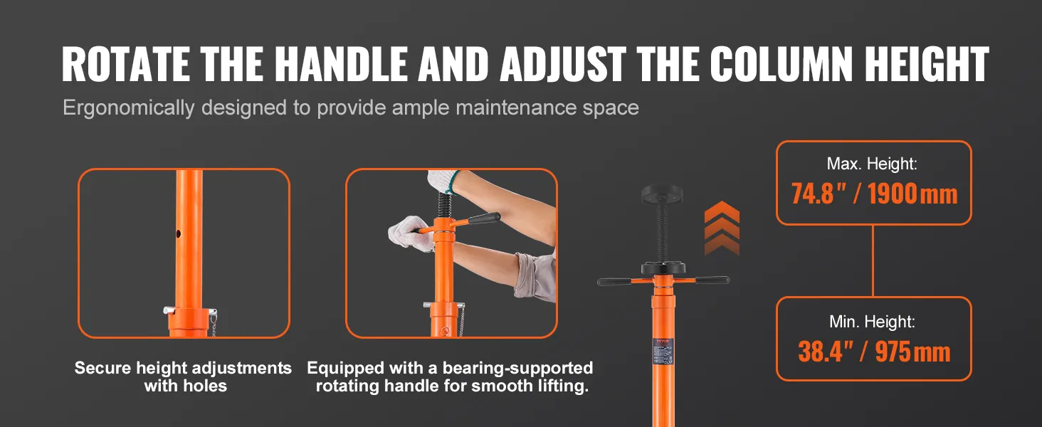 VEVOR underhoist stand with adjustable handle, height range 38.4"/975mm to 74.8"/1900mm.