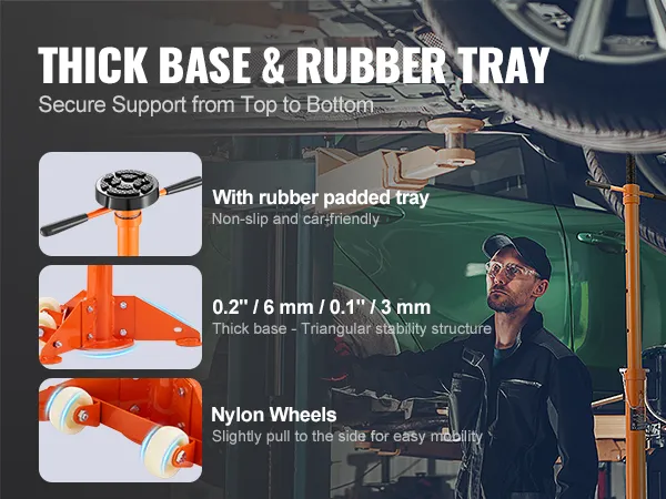 VEVOR underhoist stand with thick base, rubber tray, and nylon wheels for secure support and easy mobility.