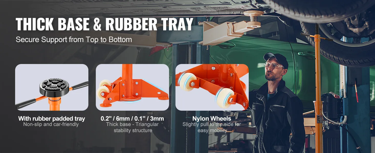 VEVOR underhoist stand with thick base, rubber tray, and nylon wheels for secure support and easy mobility.