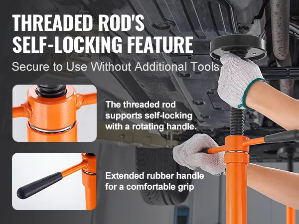 mechanic using VEVOR underhoist stand with threaded rod's self-locking feature and extended rubber handle.