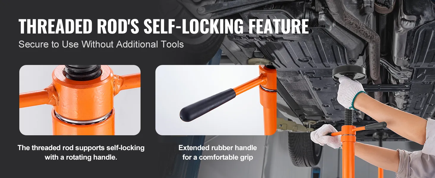 mechanic using VEVOR underhoist stand with threaded rod's self-locking feature and extended rubber handle.