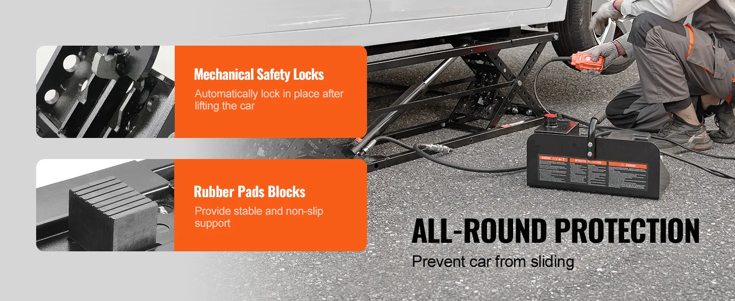 VEVOR car lift with mechanical safety locks, rubber pads blocks, and all-round protection features.