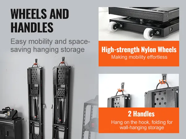 VEVOR car lift with high-strength nylon wheels and folding handles for easy mobility and space-saving storage.