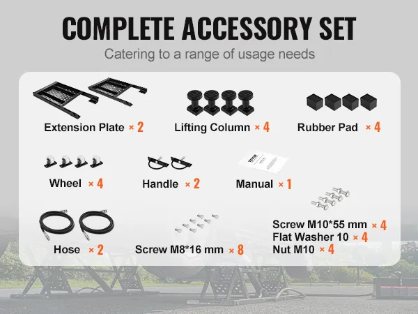 complete accessory set for VEVOR car lift, including extension plates, lifting columns, and hoses.