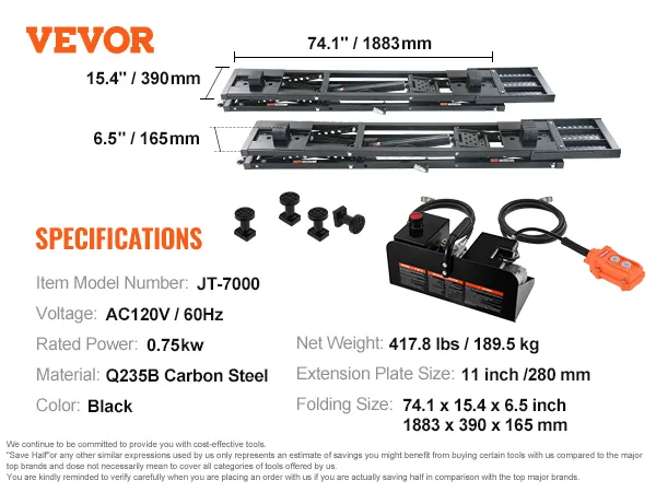 VEVOR portable car lift, jt-7000, ac120v, q235b carbon steel, 417.8 lbs, 74.1 x 15.4 x 6.5 inch.