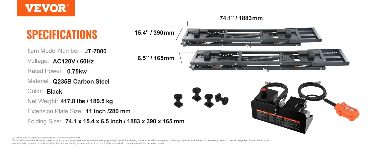 VEVOR portable car lift, jt-7000, ac120v, q235b carbon steel, 417.8 lbs, 74.1 x 15.4 x 6.5 inch.