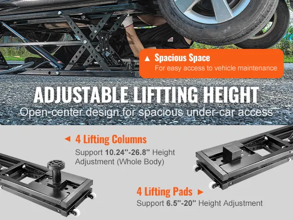 adjustable lifting height, open-center VEVOR portable car lift for under-car access, with 4 lifting columns and pads.