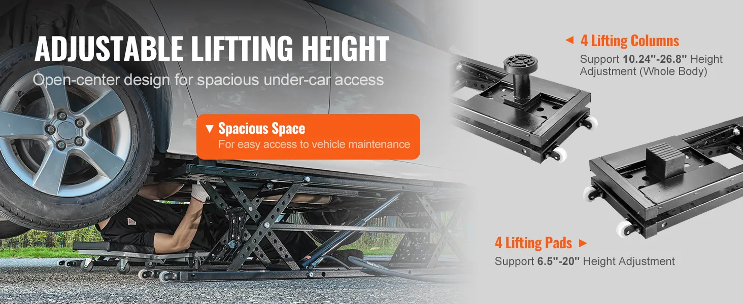 adjustable lifting height, open-center VEVOR portable car lift for under-car access, with 4 lifting columns and pads.