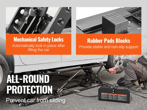 VEVOR portable car lift with mechanical safety locks and rubber pads for stability and non-slip support.