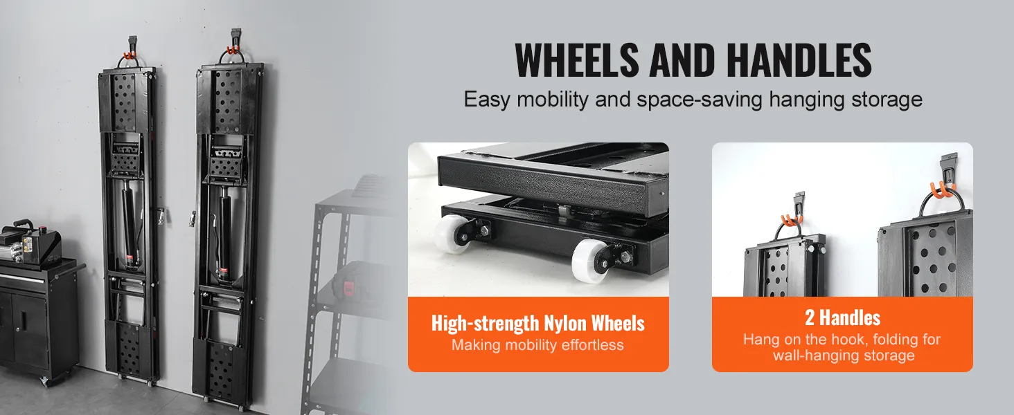 VEVOR portable car lift with high-strength nylon wheels and handles for easy mobility and compact storage.