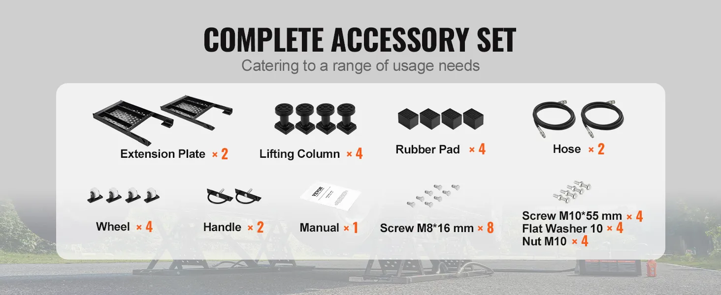 complete accessory set for VEVOR portable car lift: extension plates, lifting columns, rubber pads, hoses.