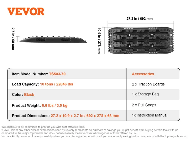 Tablas de tracción VEVOR, modelo ts503-70, capacidad de 10 toneladas, color negro, 27,2 x 10,9 x 2,7 pulgadas, 6,6 libras.