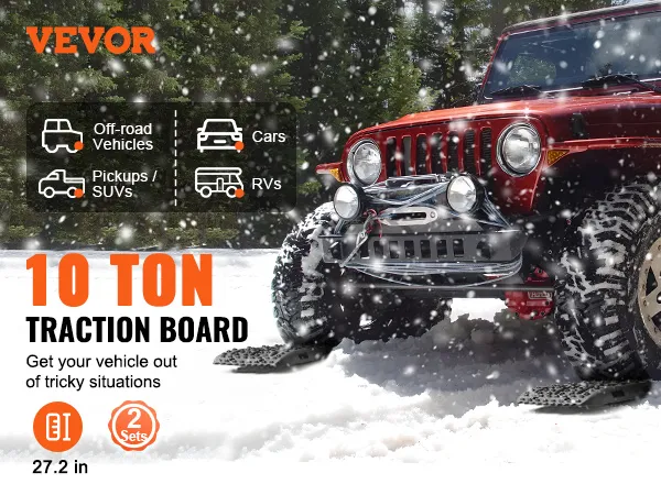 Tablas de tracción VEVOR en uso por un vehículo todoterreno rojo en condiciones de nieve, lo que resalta su eficacia.
