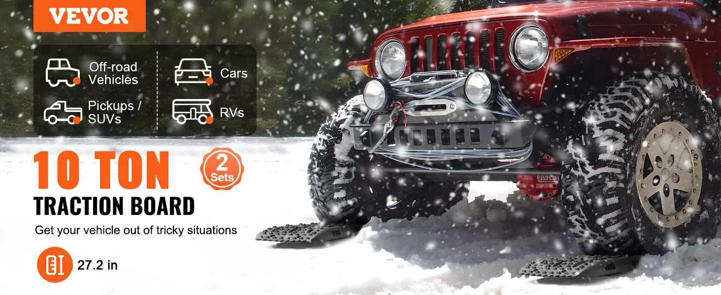 Tablas de tracción VEVOR en uso por un vehículo todoterreno rojo en condiciones de nieve, lo que resalta su eficacia.