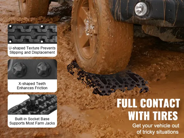 Tablas de tracción VEVOR debajo de neumáticos SUV embarrados, que muestran textura en forma de U, dientes en forma de X y zócalo incorporado.