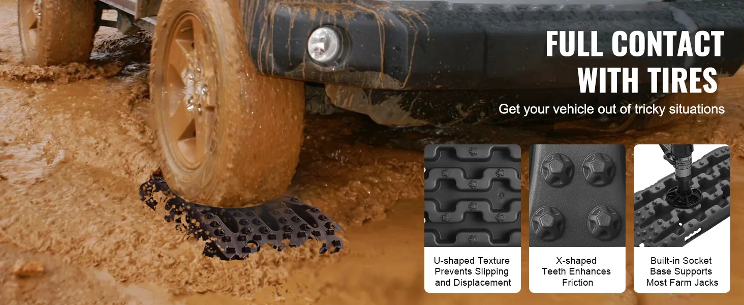 Tablas de tracción VEVOR debajo de neumáticos SUV embarrados, que muestran textura en forma de U, dientes en forma de X y zócalo incorporado.