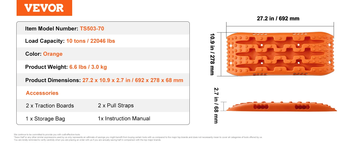 Tablas de tracción VEVOR, capacidad de carga 10 toneladas, color naranja, dimensiones 27,2 x 10,9 x 2,7 pulgadas, accesorios incluidos.