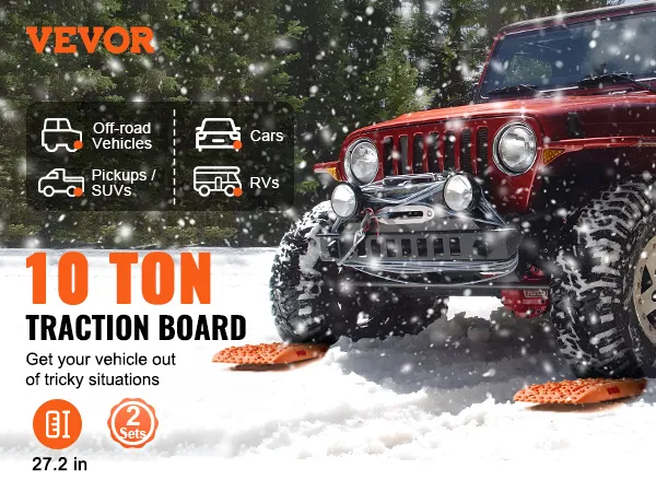 Vehículo todoterreno rojo en la nieve con placas de tracción VEVOR, destacando su uso para SUV, automóviles, camionetas y vehículos recreativos.