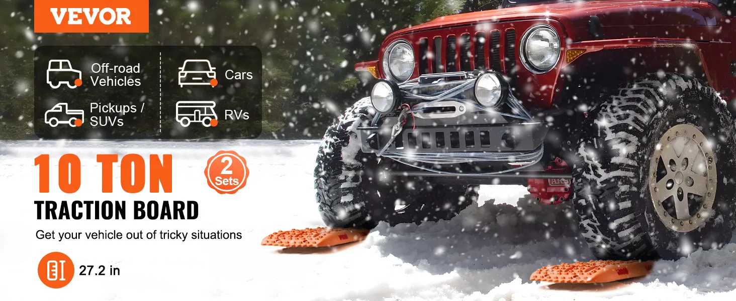 Vehículo todoterreno rojo en la nieve con placas de tracción VEVOR, destacando su uso para SUV, automóviles, camionetas y vehículos recreativos.