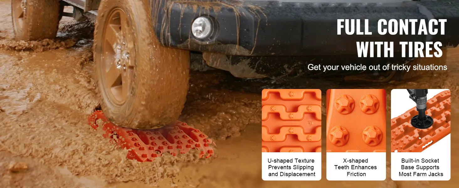 un vehículo ganando tracción utilizando placas de tracción VEVOR en un terreno fangoso con características de cerca.