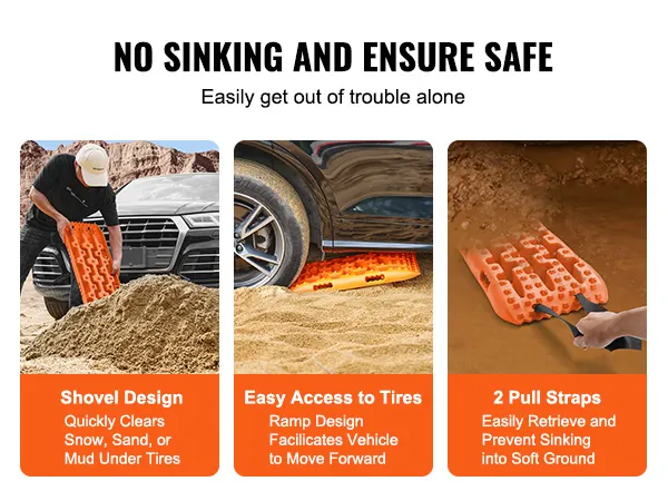Tablas de tracción VEVOR que ayudan en la nieve, la arena o el barro debajo de los neumáticos con diseño de pala y características de fácil acceso.