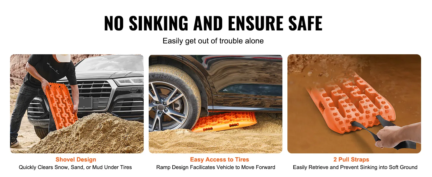 Tablas de tracción VEVOR que ayudan en la nieve, la arena o el barro debajo de los neumáticos con diseño de pala y características de fácil acceso.