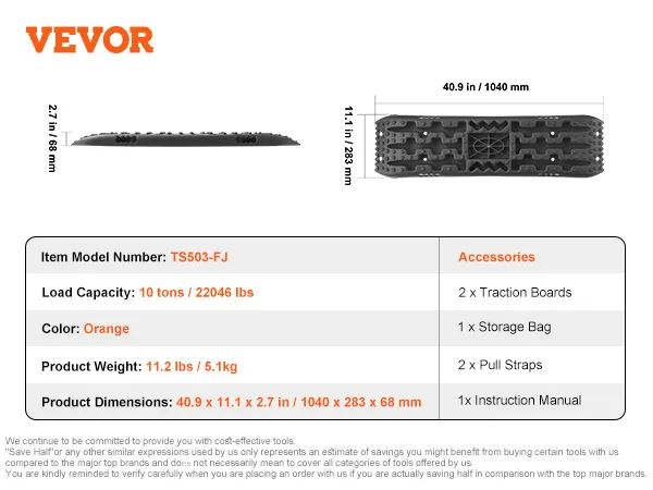 Tablas de tracción VEVOR, capacidad de carga 10 toneladas, 40,9x11,1x2,7 pulgadas, incluye correas de tracción y bolsa de almacenamiento.