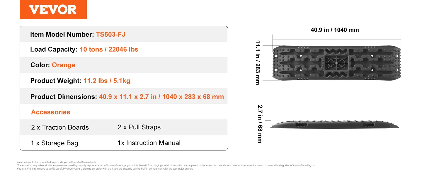 Tablas de tracción VEVOR, capacidad de carga 10 toneladas, 40,9x11,1x2,7 pulgadas, incluye correas de tracción y bolsa de almacenamiento.