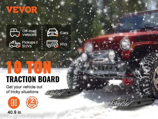 Las tablas de tracción VEVOR ayudan a que un 4x4 rojo se despegue de la nieve, adecuadas para vehículos todoterreno, SUV y casas rodantes.